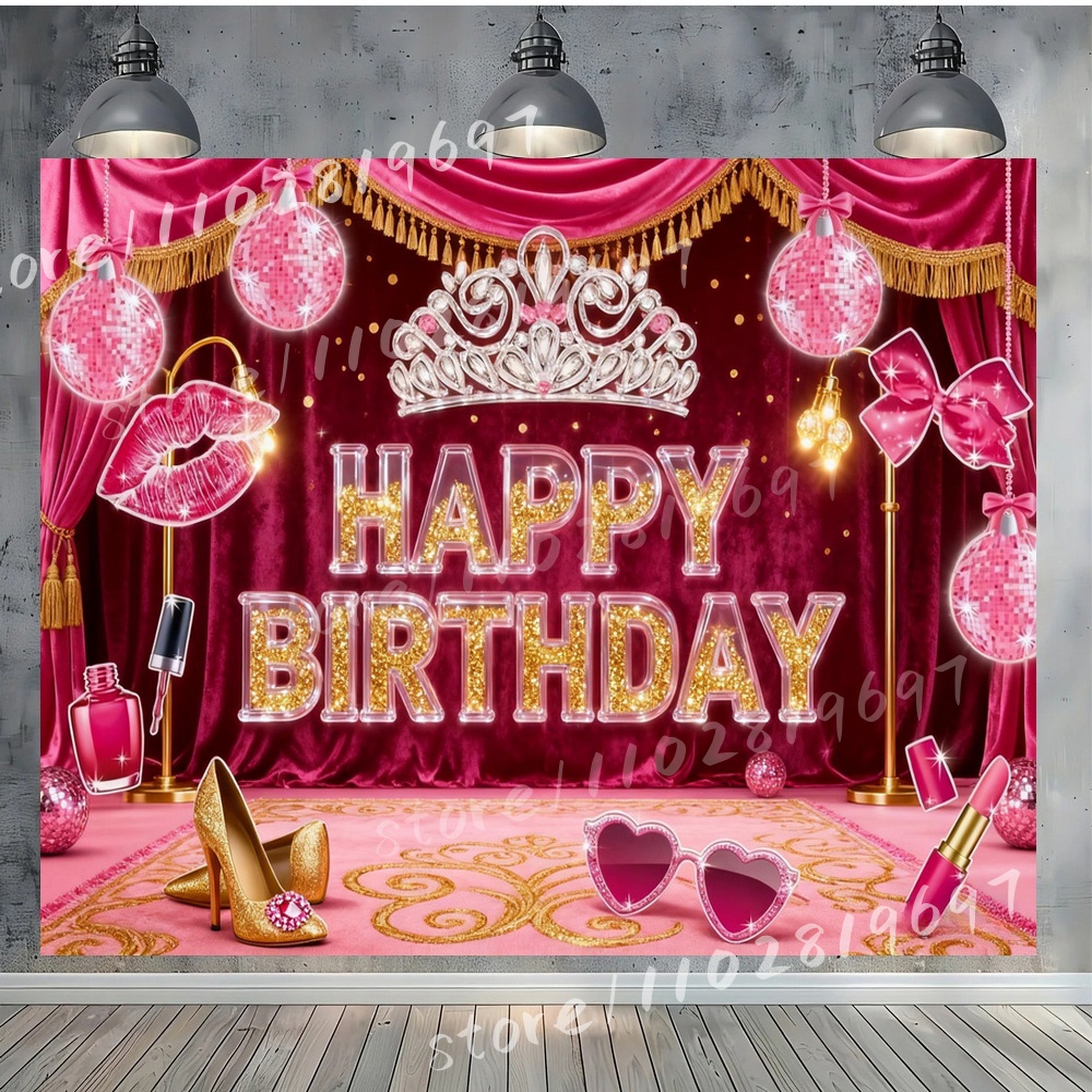 Crown Pink Disco Ball Birthday - Photography Backdrop Muslin 评论和价格